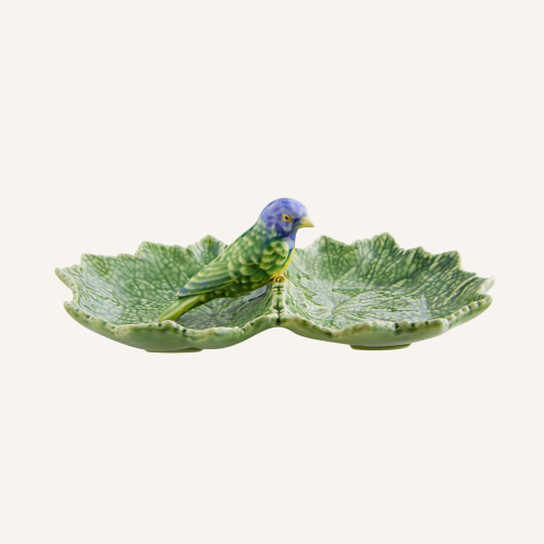 Ceramiczny podwójny liść z niebieskim ptaszkiem 22 cm Bordallo Pinheiro Geranium.png