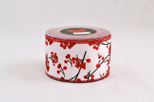 Wstążka aksamitna z ostrokrzewem Ilex, biało-czerwona, 6,7 cm × 9 m – aranżacja