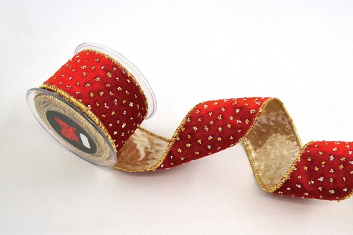 Wstążka dekoracyjna Portabella, czerwono-złota, 6,7 cm × 4,5 m – aranżacja