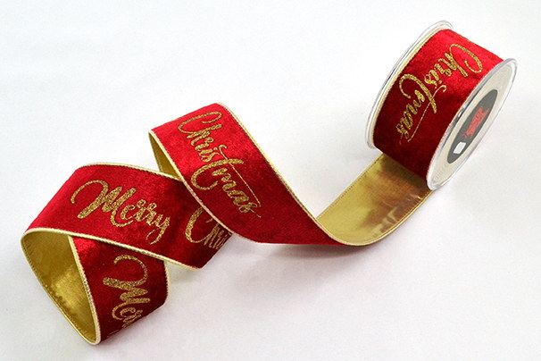 Wstążka aksamitna Merry Christmas ze złotym spodem, czerwono-złota, 7,2 cm × 4,5 m – aranżacja