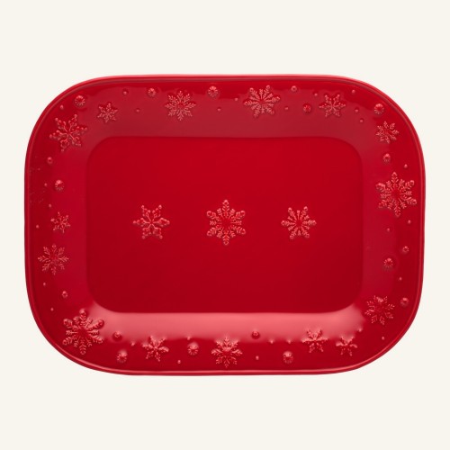 Ceramiczny czerwony półmisek prostokątny w śnieżynki 41 cm Bordallo Pinheiro Snowflakes